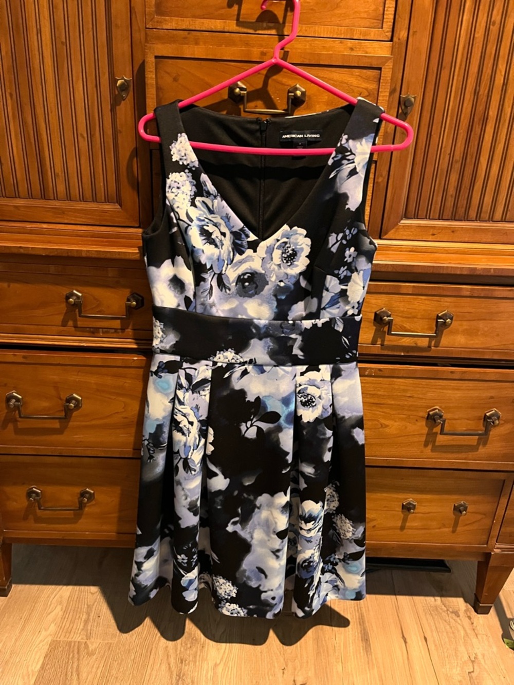 American Living Black Floral Fit-and-Flare Midi Dress with Light Blue Accents